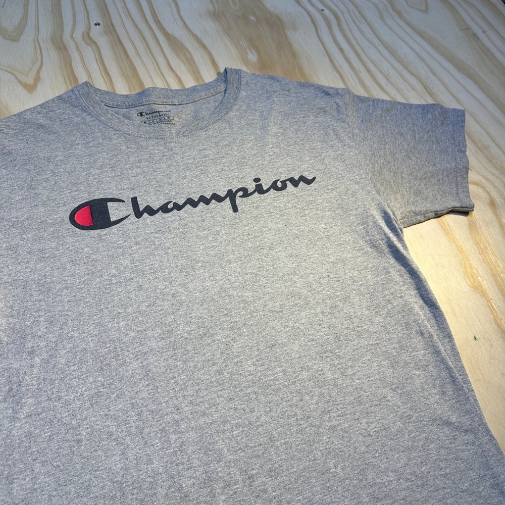 Champion Mens Medium Gray Script Logo Graphic Short Sleeve T-Shirt